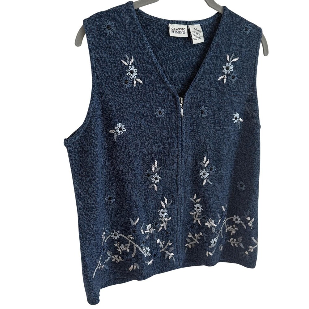 Vintage Blue Floral Embroidered Knit Vest Zip Up M - Picture 4 of 6